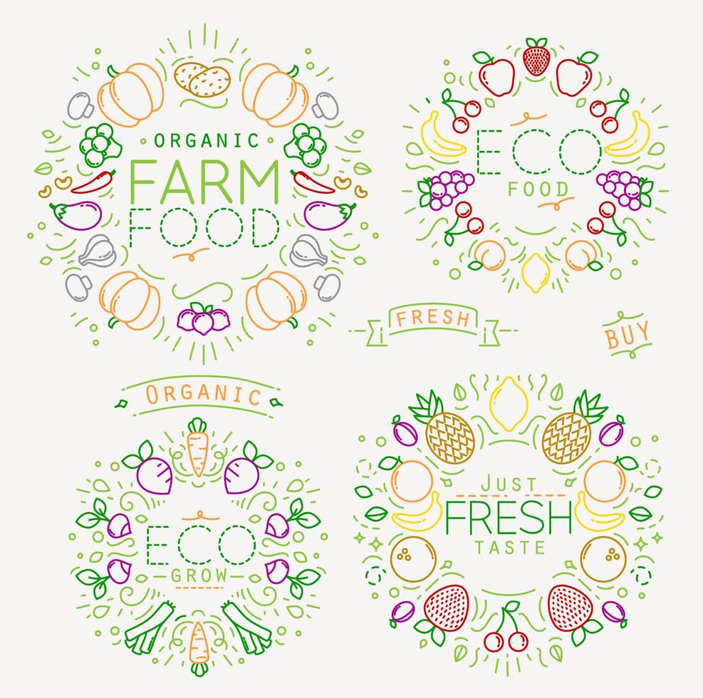 conjunto de monogramas planos de frutas y verduras dibujando con líneas de color sobre fondo blanco vector