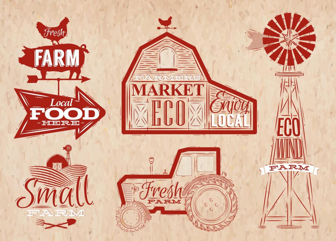 Farm characters in vintage style lettering in tractor barn and the mill and the sign field stylized drawing in kraft red color vector