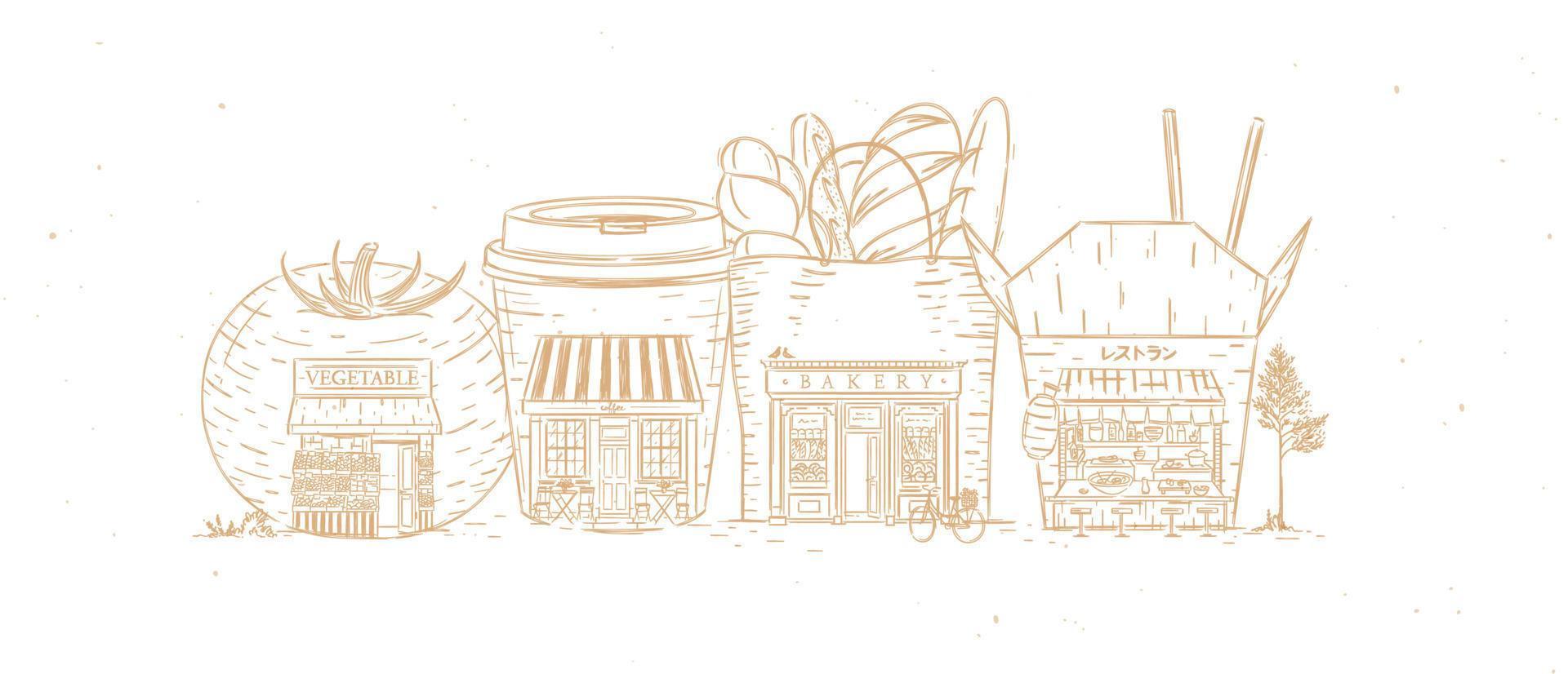 conjunto de tiendas de comestibles, café, panadería, dibujo de comida asiática con color beige vector