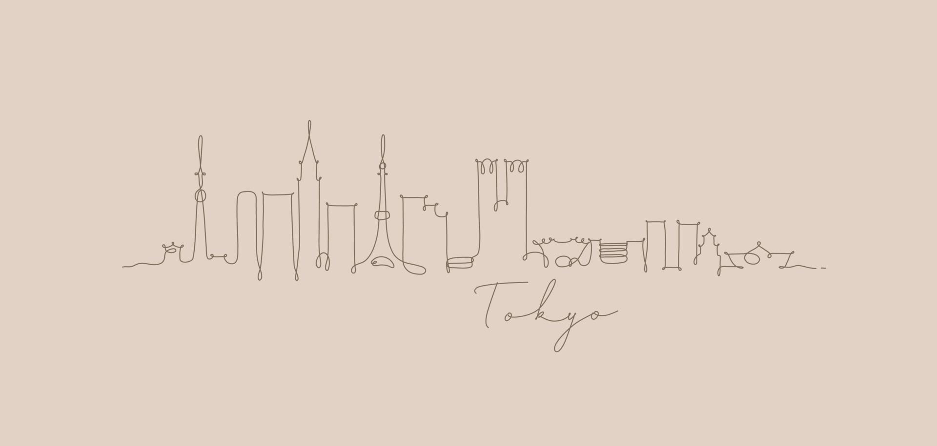 silueta de la ciudad de tokio en un dibujo de estilo de línea de lápiz con líneas marrones sobre fondo beige vector