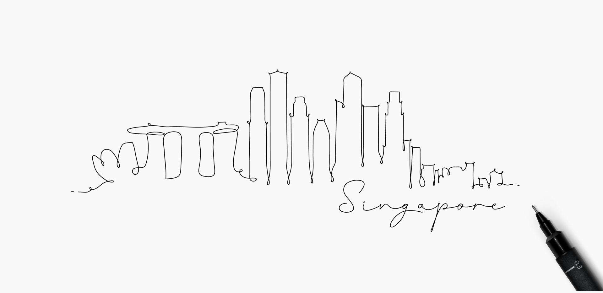 silueta de la ciudad de singapur en un dibujo de estilo de línea de lápiz con líneas negras sobre fondo blanco vector