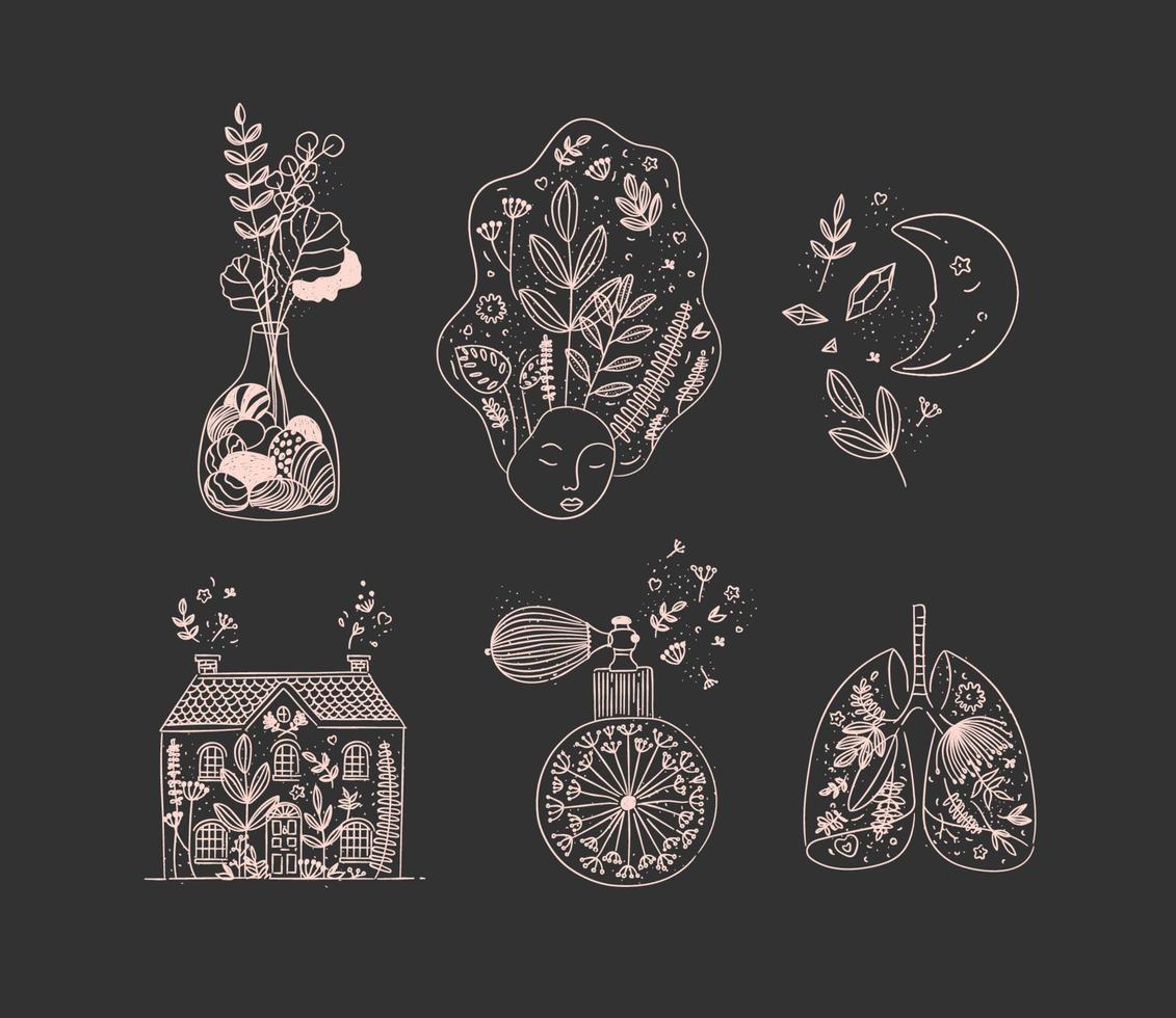 conjunto de íconos de arte floral en un jarrón de flores hecho a mano, cara de mujer, luna, casa, botella de perfume, pulmones humanos dibujando sobre fondo negro vector