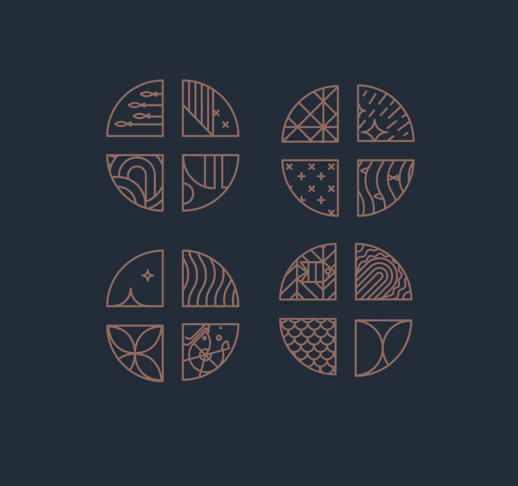 Set of creative modern art deco seafood chevrons in flat line style drawing on brown background. vector