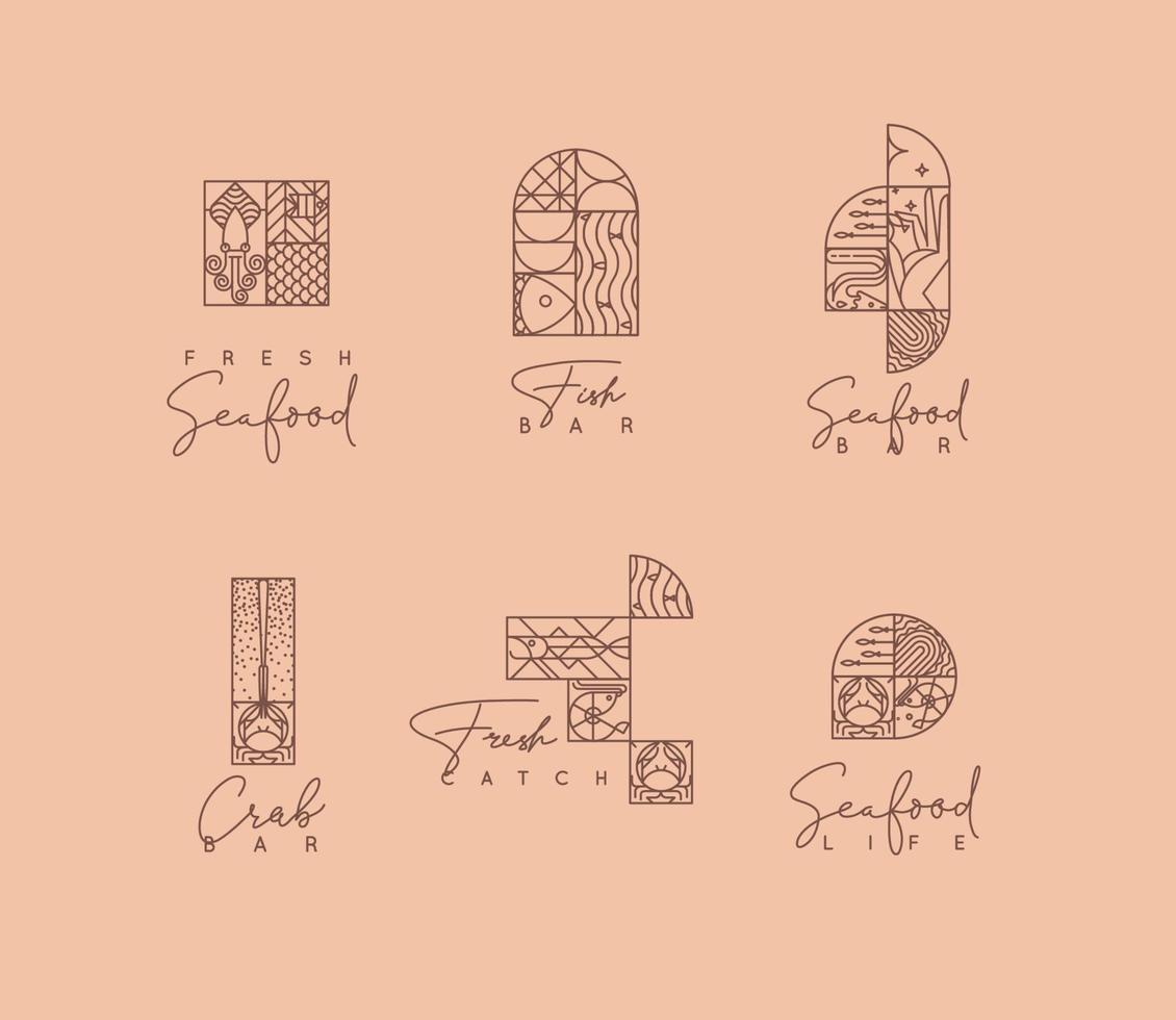 Set of creative modern art deco seafood symbols in flat line style drawing on beige background. vector