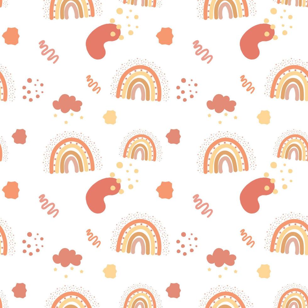 Cute children's seamless pattern with elements of boho, sun, rainbow, in cartoon style. Editable vector illustration.