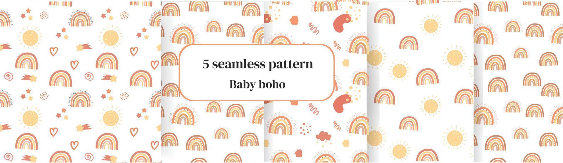 Set cute children's seamless pattern with elements of boho, sun, rainbow, star, dots,in cartoon style. Editable vector illustration.