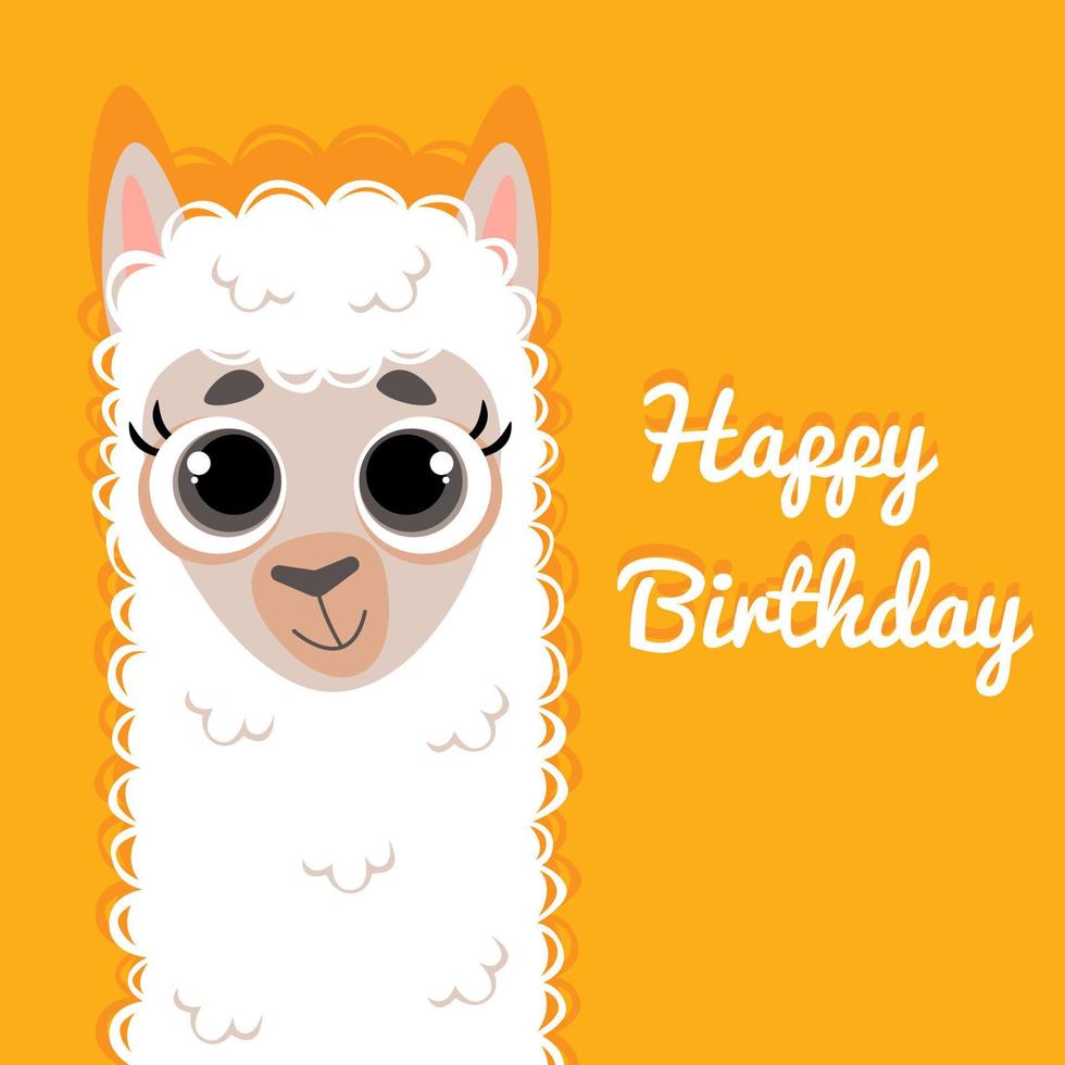 Happy Birthday greeting card with cute funny lama on bright yellow background. Template square postcard for children celebration. vector