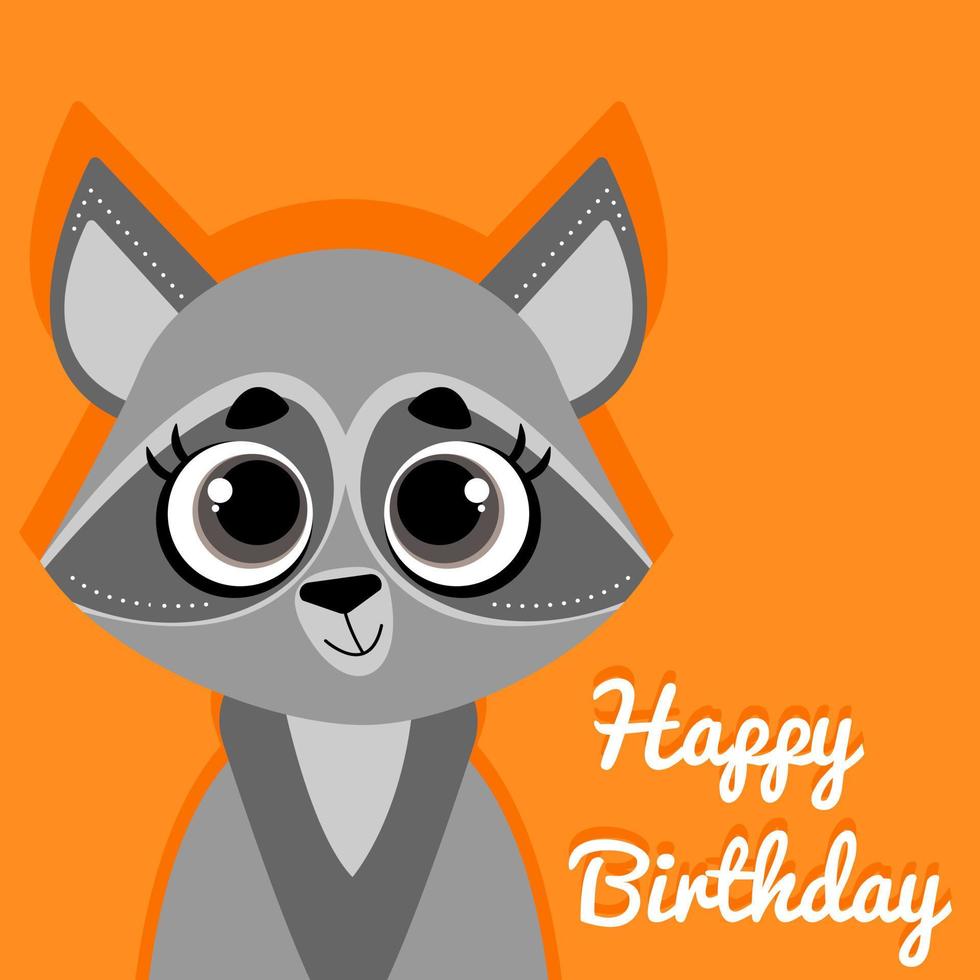 Happy Birthday greeting card with cute funny raccoon on bright orange background. Template square postcard for children celebration. vector