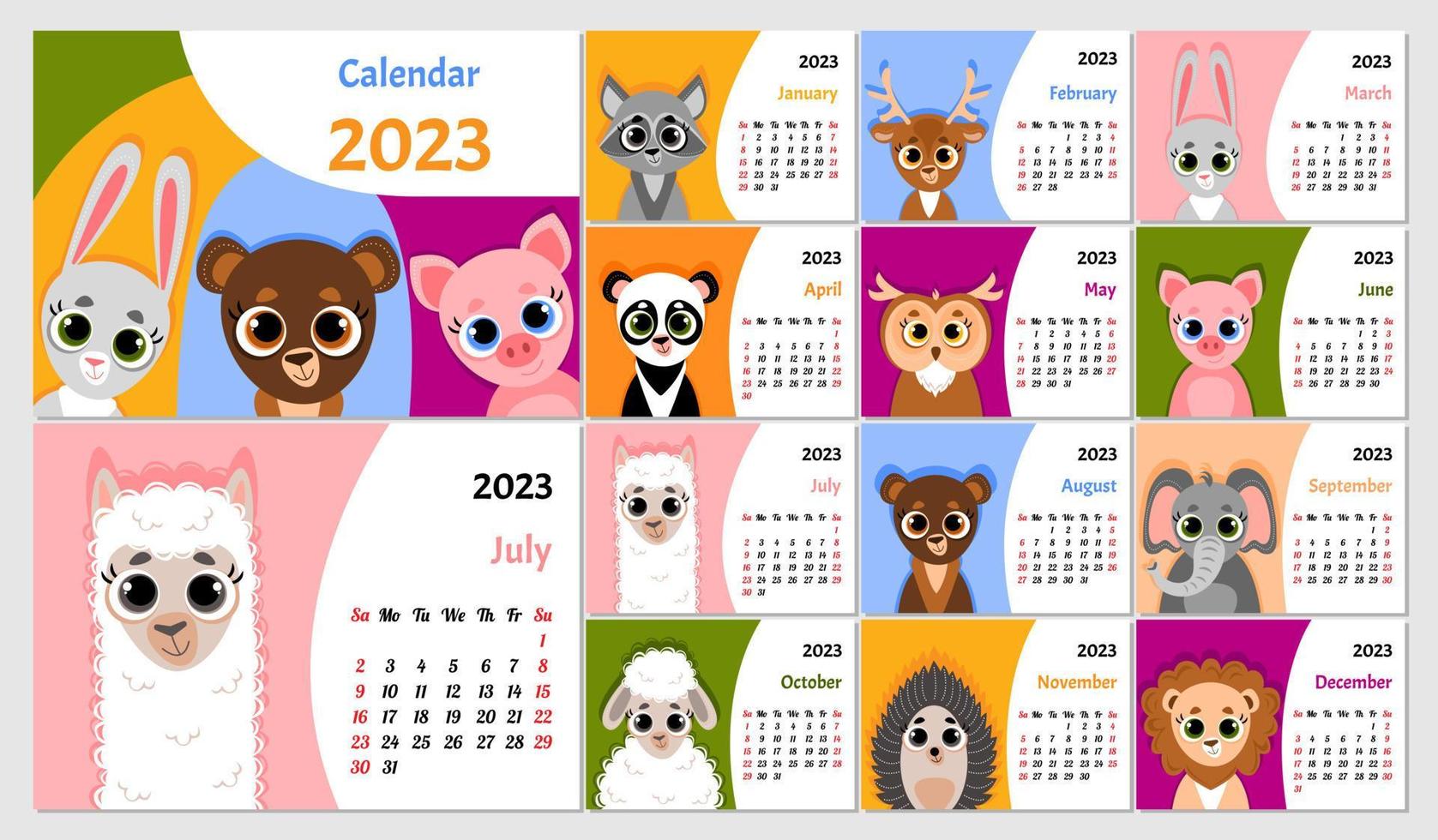 Calendar 2023 with cute animals. Cover and 12 month's pages . Week starts on Sunday. vector