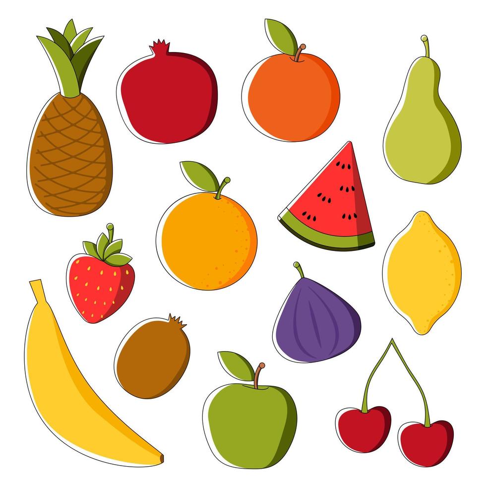 el conjunto vectorial de frutas es piña, granada, melocotón, manzana, pera, limón, plátano, naranja, cerezas y fresa. diseño plano. vector