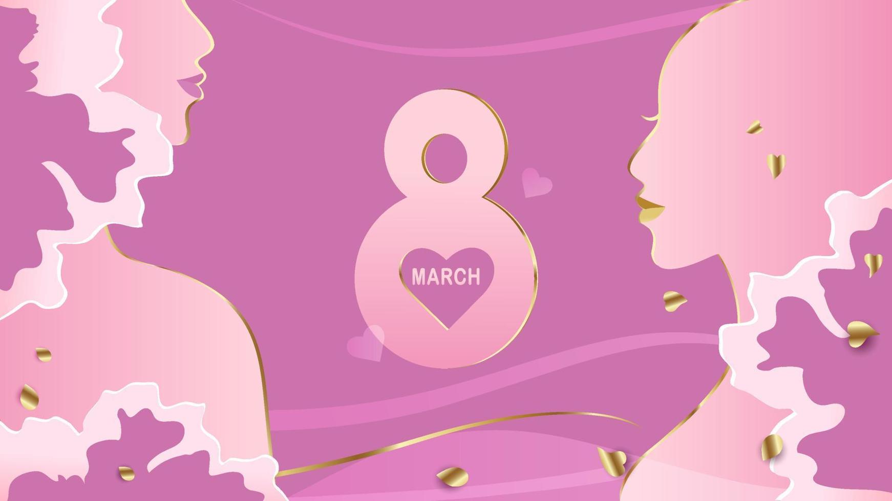 Illustration for International Women's Day. Banner, flyer for March 8 with a woman's face and pink flowers. vector