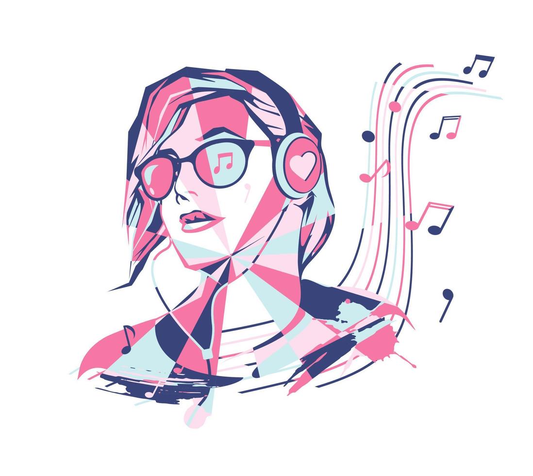 Girl in big headphones with a picture of a heart listens to music. Abstract image of a music lover, love of music, notes and sound. vector