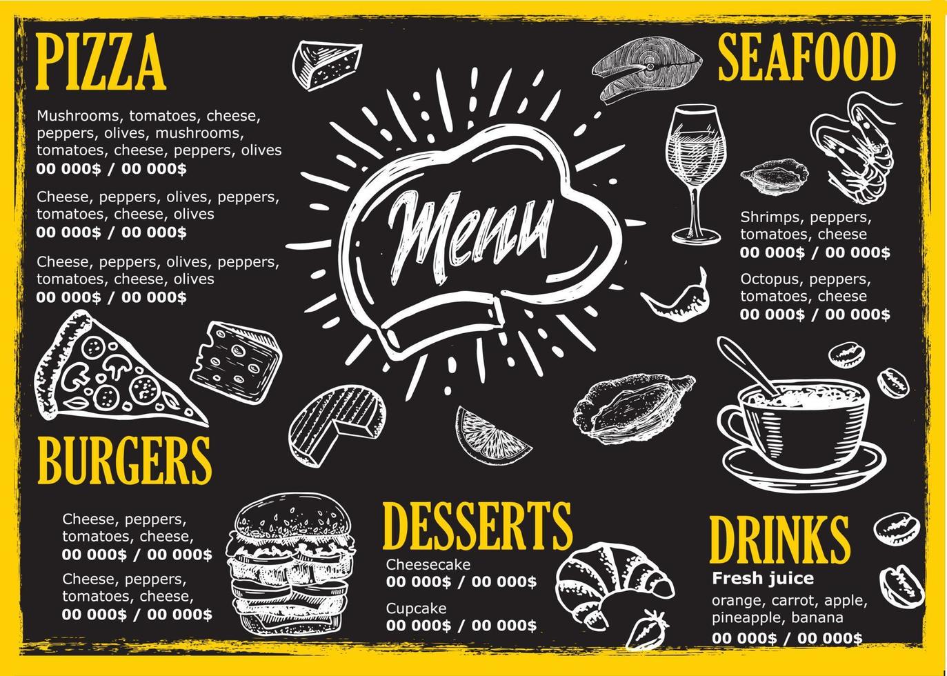 Restaurant menu, template design.. Food flyer. Hand-drawn style. Vector illustration.