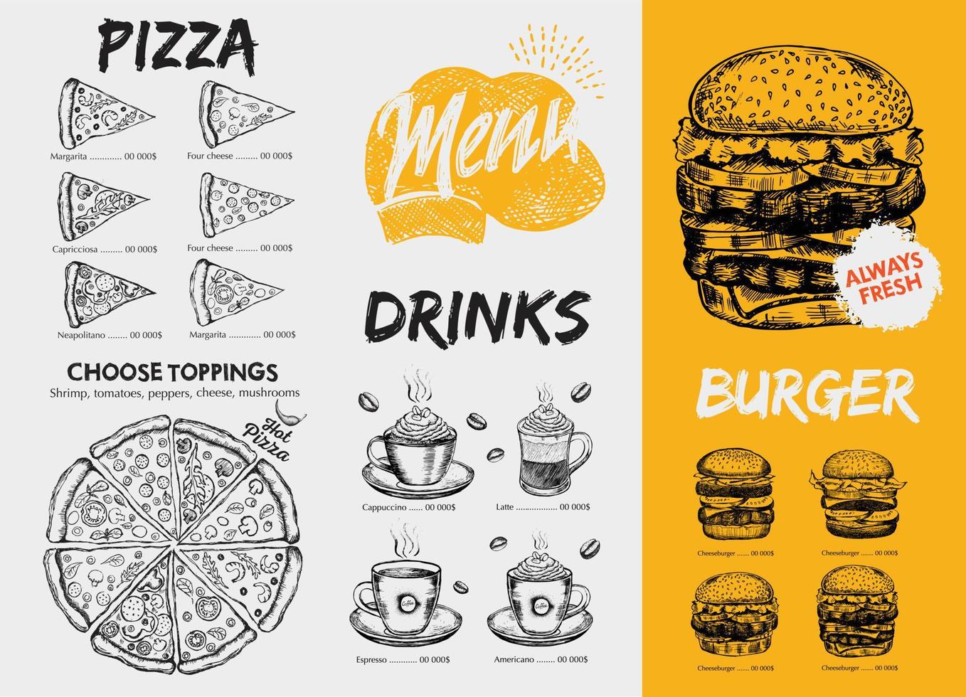 Restaurant menu, template design.. Food flyer. Hand-drawn style. Vector illustration.