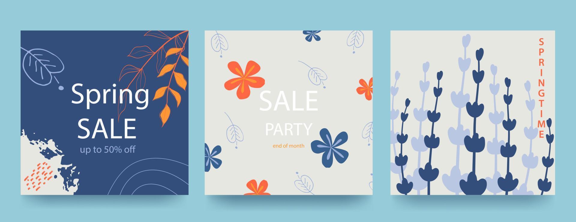 Spring bright square backgrounds. Minimalistic style with floral elements and texture. Editable template. Sale banners. Vector illustration