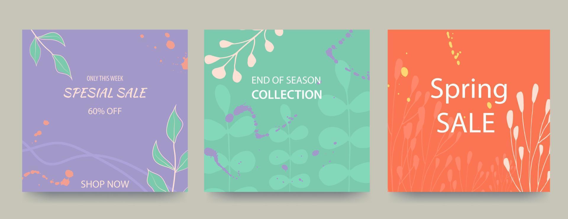 Spring square backgrounds in pastel colors. Minimalistic style with floral elements and texture. Editable sales template. Vector illustration