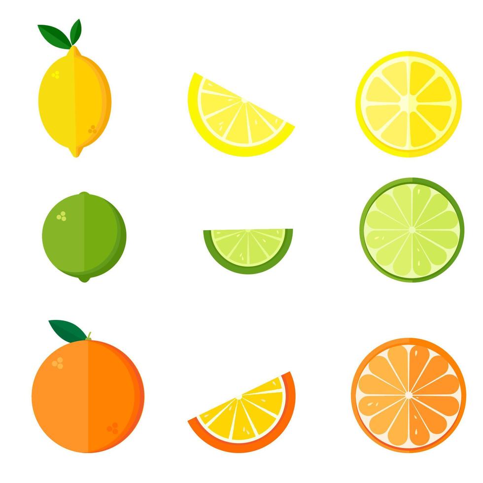 Collection of citrus products - orange, lemon, lime isolated on white background. Vector set of whole fruits and slices. Vector illustration