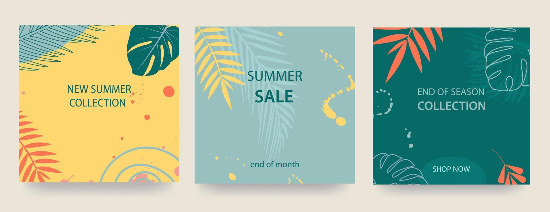 Set of advertising banners with tropical leaves, plants and spots. Announcement of a new collection, discounts on it, summer sale. Template for sale, advertising, internet. Vector illustration