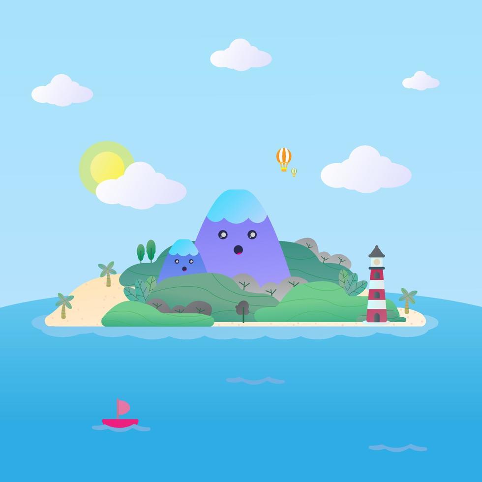 isla de caricatura plana vectorial con montañas y niños lindos, adecuada para ilustración, animación y papel tapiz vector