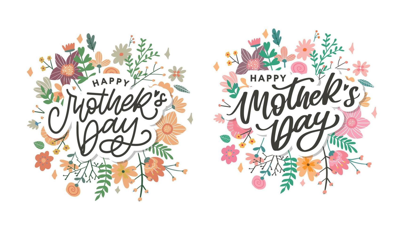 Letras del día de las madres felices. ilustración de vector de caligrafía hecha a mano. tarjeta del día de la madre con flores