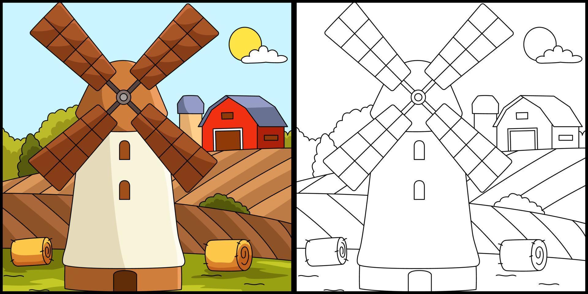 Windmill Coloring Page Colored Illustration vector