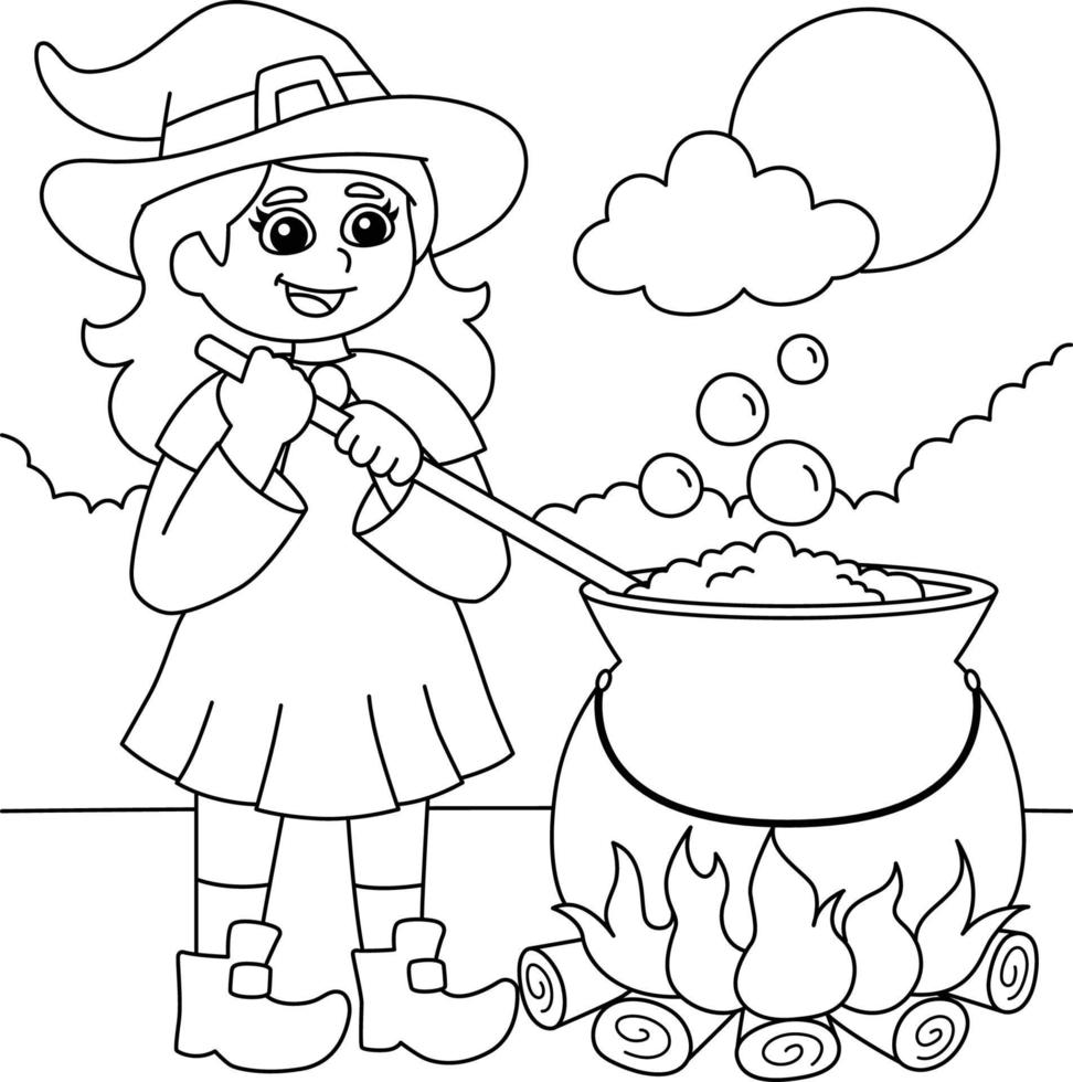 página para colorear de bruja poción pot halloween para niños vector