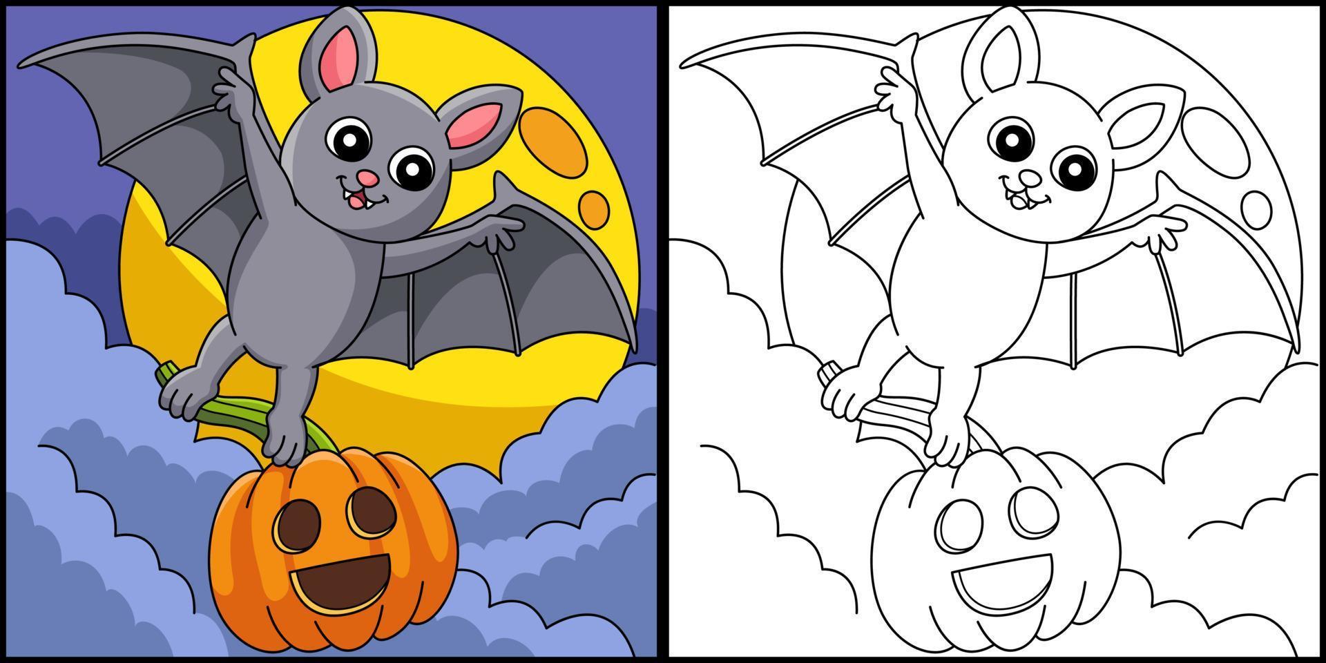Ilustración de página para colorear de halloween de murciélago volador vector