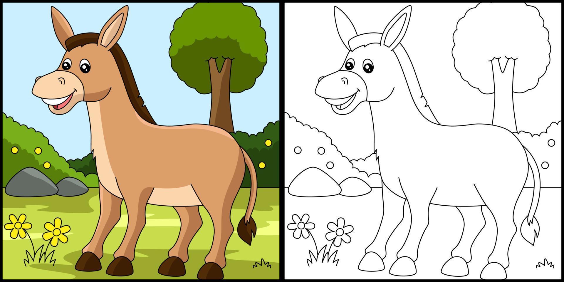 Donkey Coloring Page Colored Illustration vector