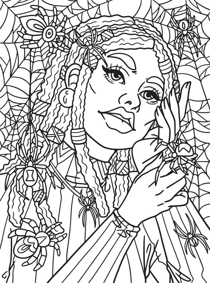 Afro American Woman With Spider Adult Coloring vector