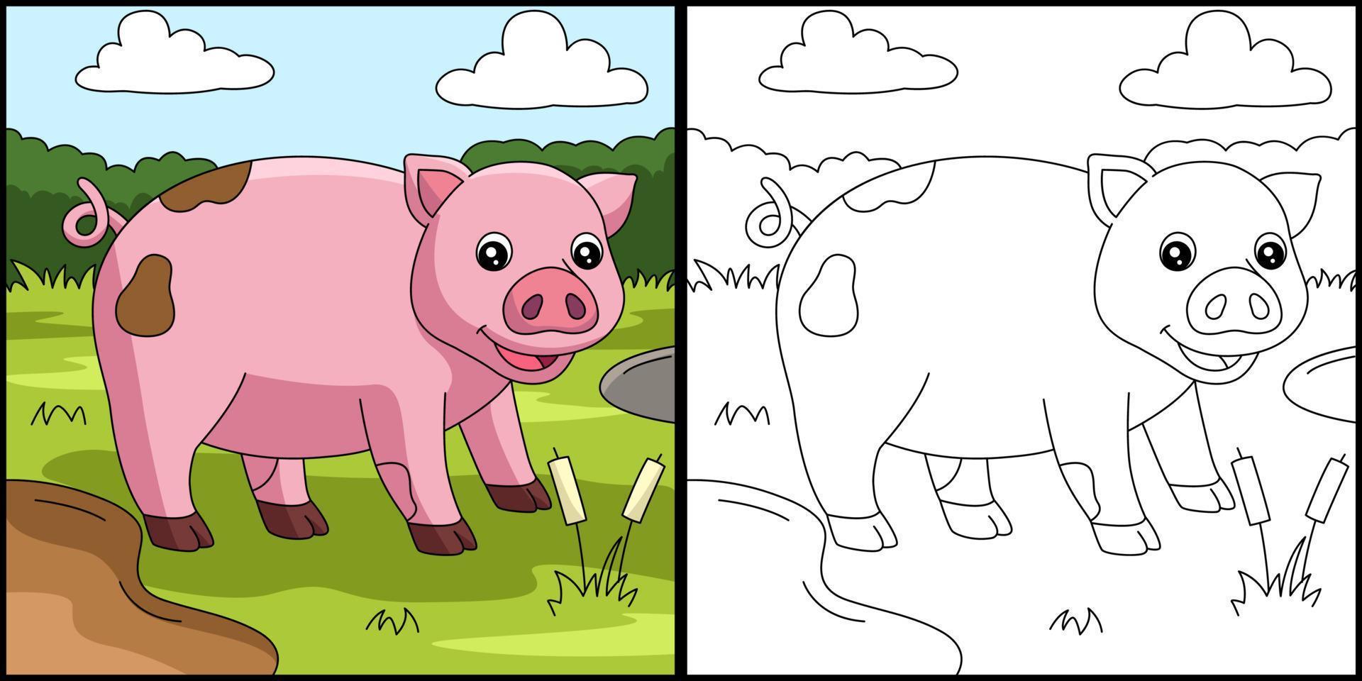 Pig Coloring Page Colored Illustration vector