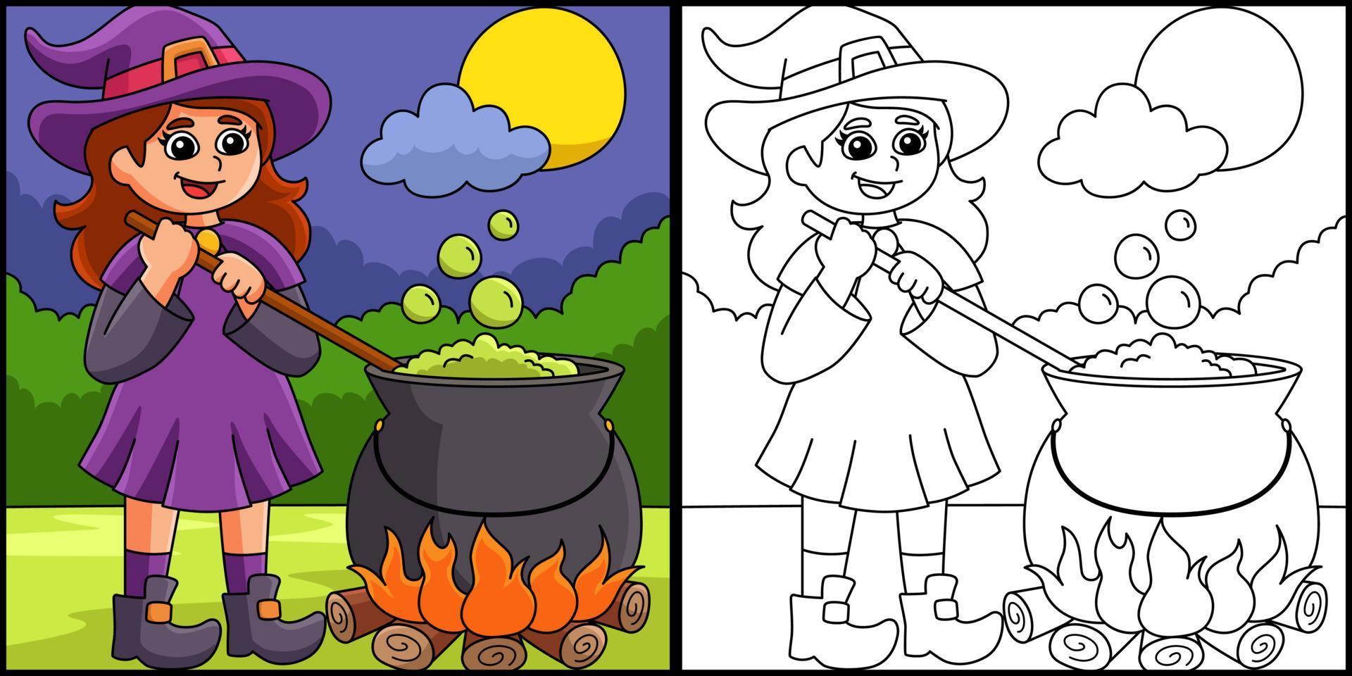 bruja poción pot halloween página para colorear vector