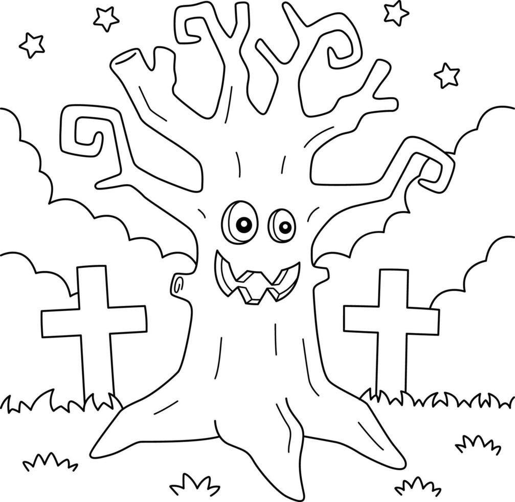 Scary Tree Halloween Coloring Page for Kids vector