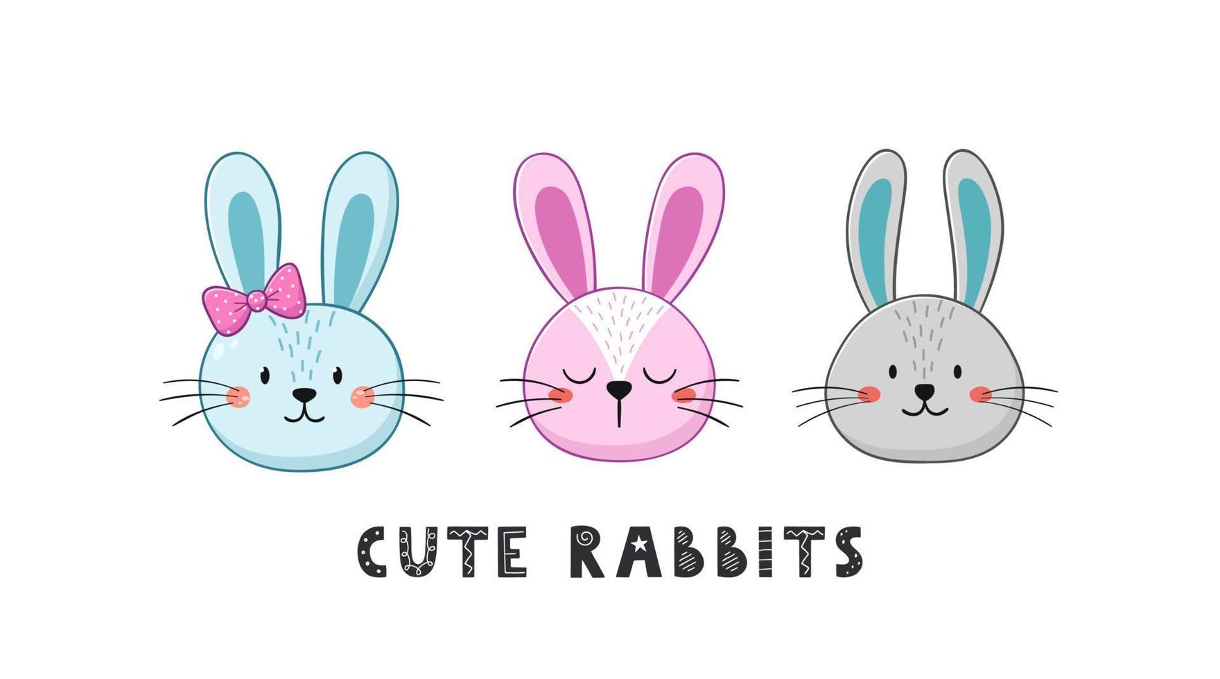 Cute rabbit faces with text. Little bunnies in cartoon style. Vector illustration.