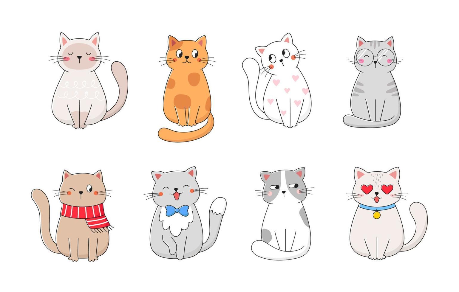 linda colección de gatos. conjunto de gatitos divertidos domésticos. ilustración vectorial aislado sobre fondo blanco. vector