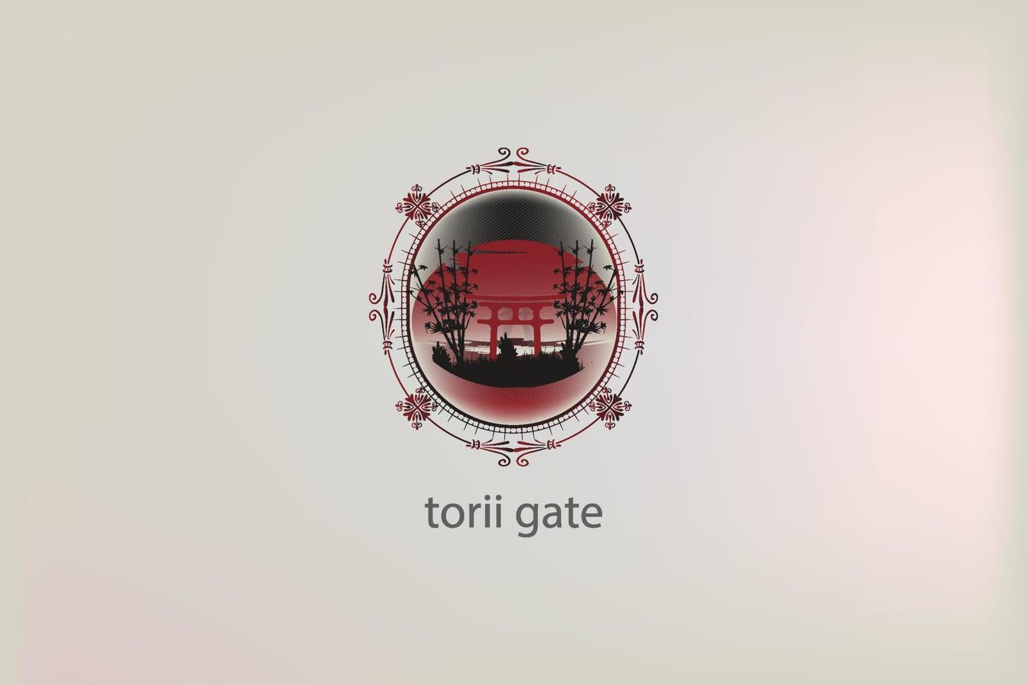 logotipo de la puerta torii con puesta de sol roja y bambú vector