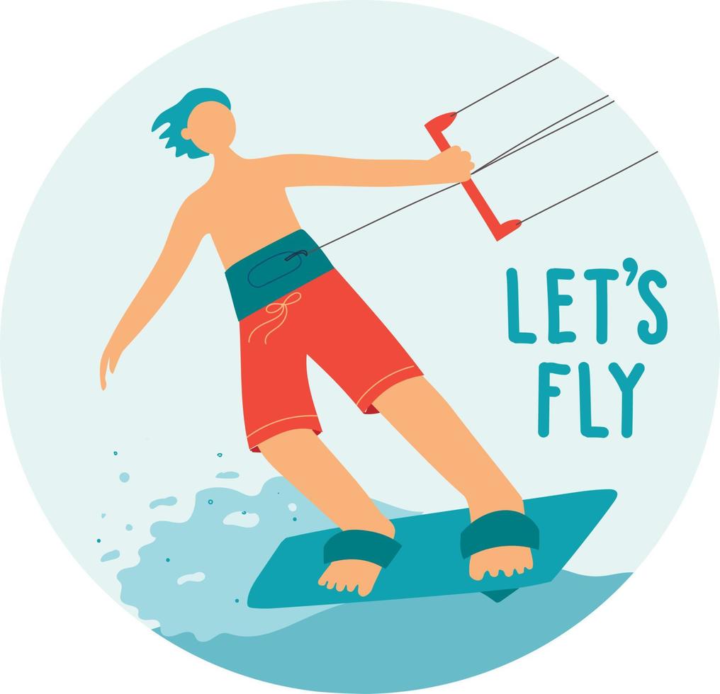 Kitesurfing. Sportsman kitesurfer. Water sports of extreme sports, summer rest on water. Colorful vector illustration in flat style.