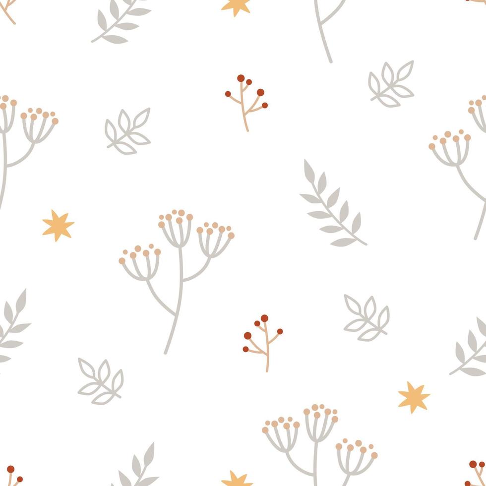 Seamless floral pattern with cute stars, branches, and leaves. Childish print for nursery in a Scandinavian style for baby clothes, interior, packaging. Vector cartoon illustration in pastel colors.