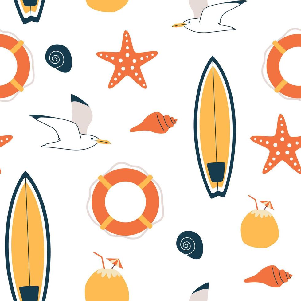 Summer pattern. Vector seamless pattern with summer symbols, such as surfboard, seagull, lifebuoy, and starfish. Isolated on white.
