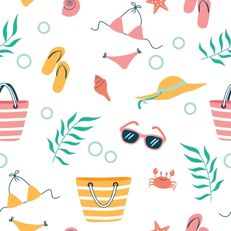 Summer pattern. Vector seamless pattern with summer symbols. Isolated on white.