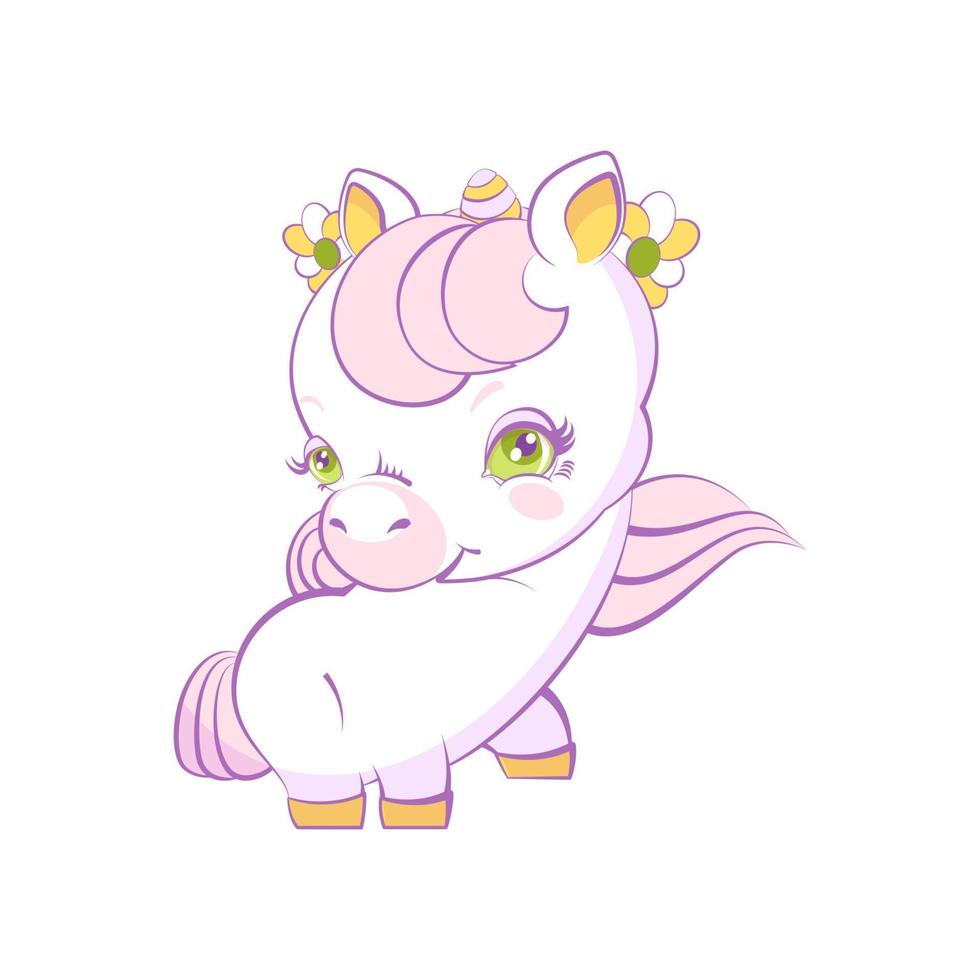 lindo pequeño unicornio blanco con cabello rosado vector