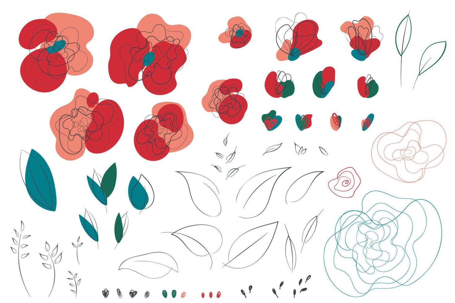 Poppy line-art abstract floral elements vector