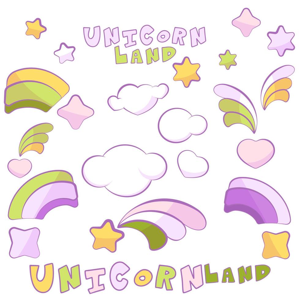 Unicorn Land items in cartoon style, light colors vector