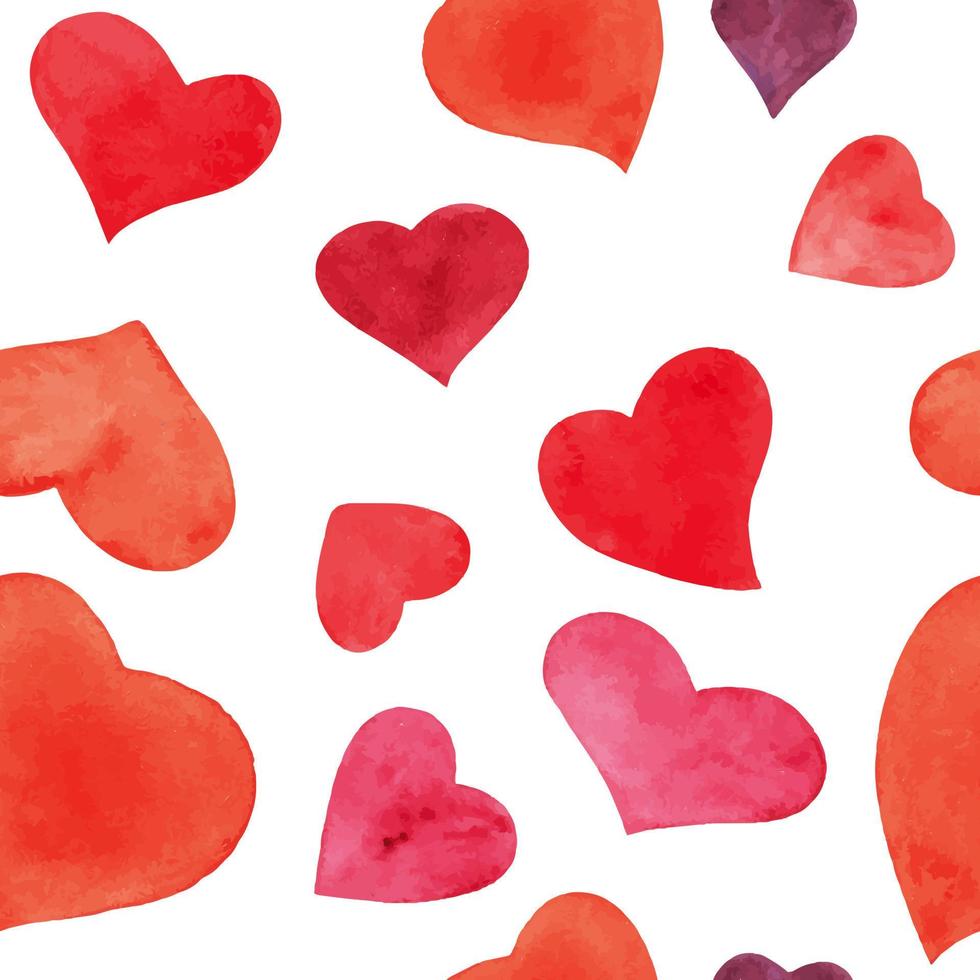 Romantic watercolor seamless pattern with red hearts, traced illustration vector