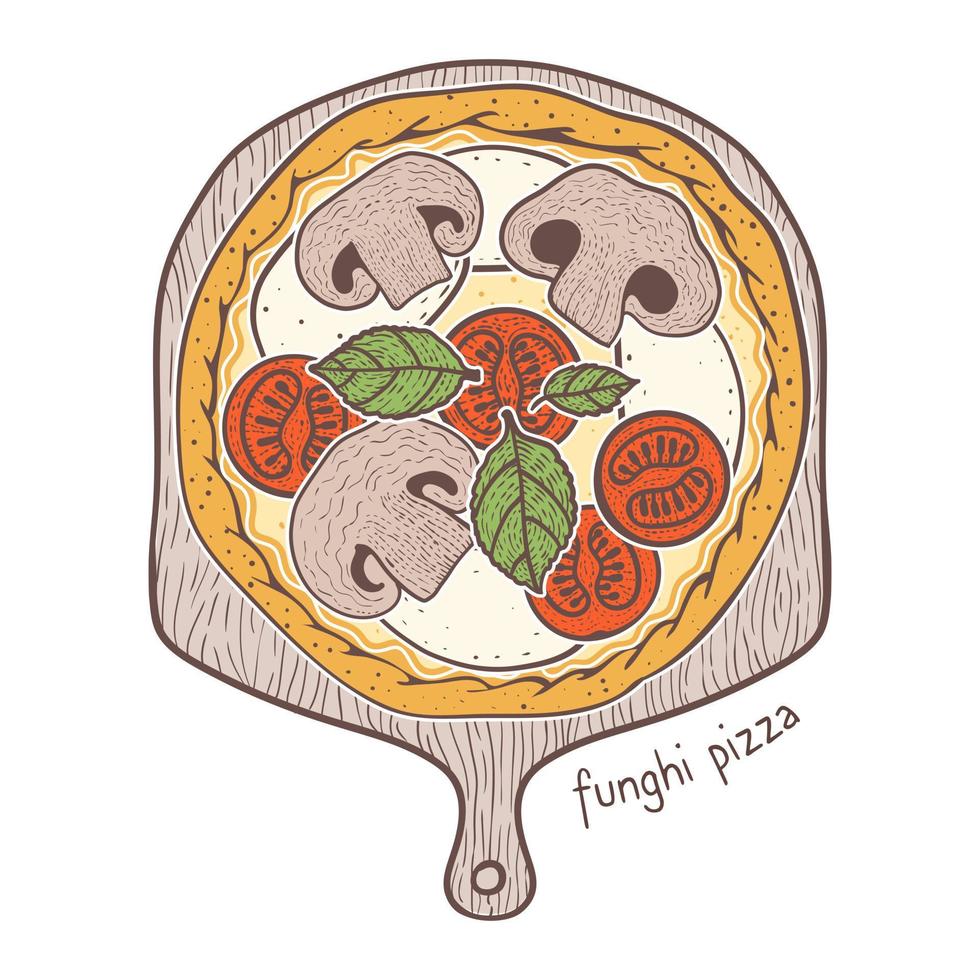 pizza funghi con champiñones y tomate y mozzarella y albahaca, dibujando ilustraciones vector