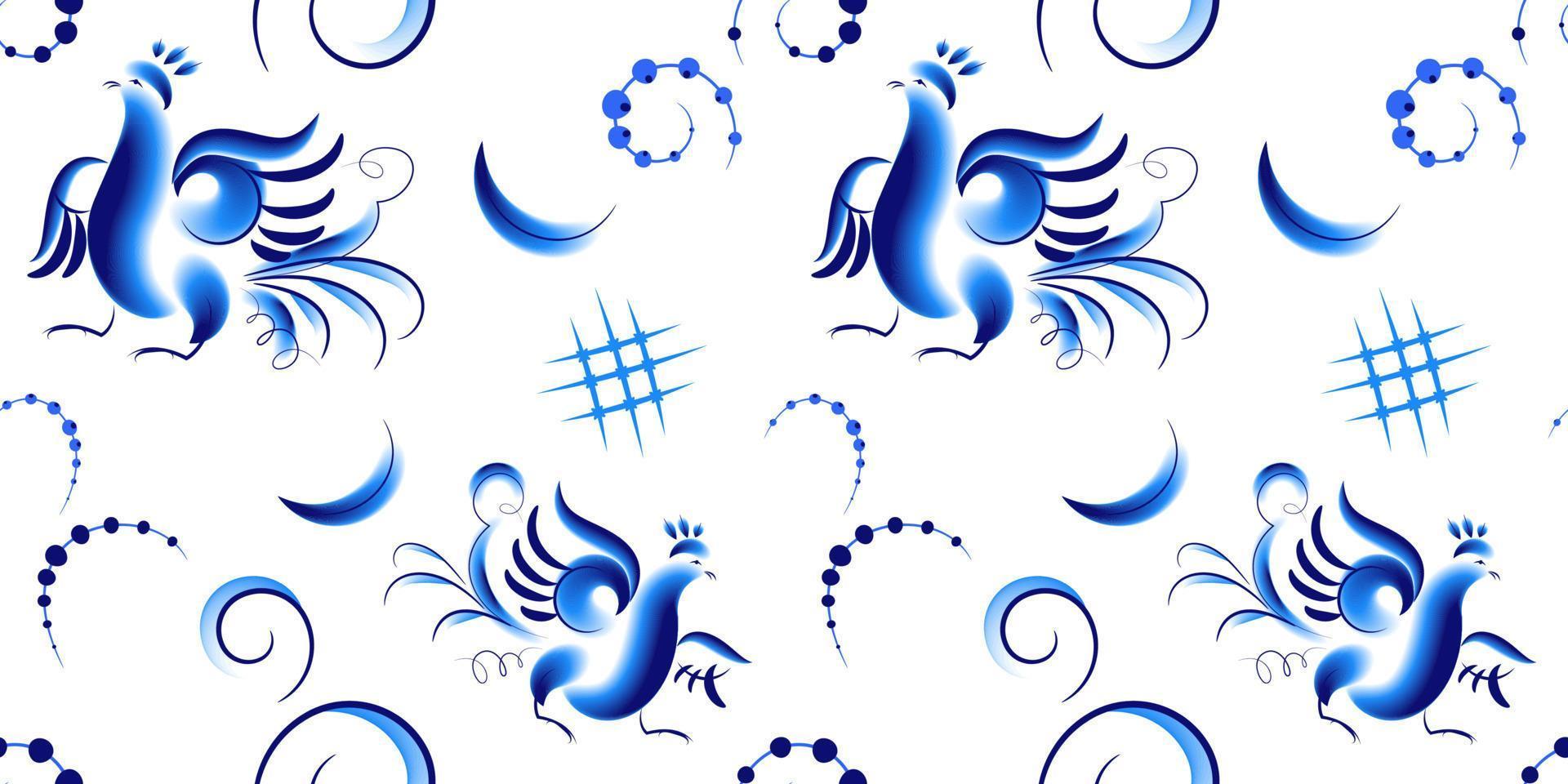 Folk whte blue seamless pattern with birds aka Gzhel vector