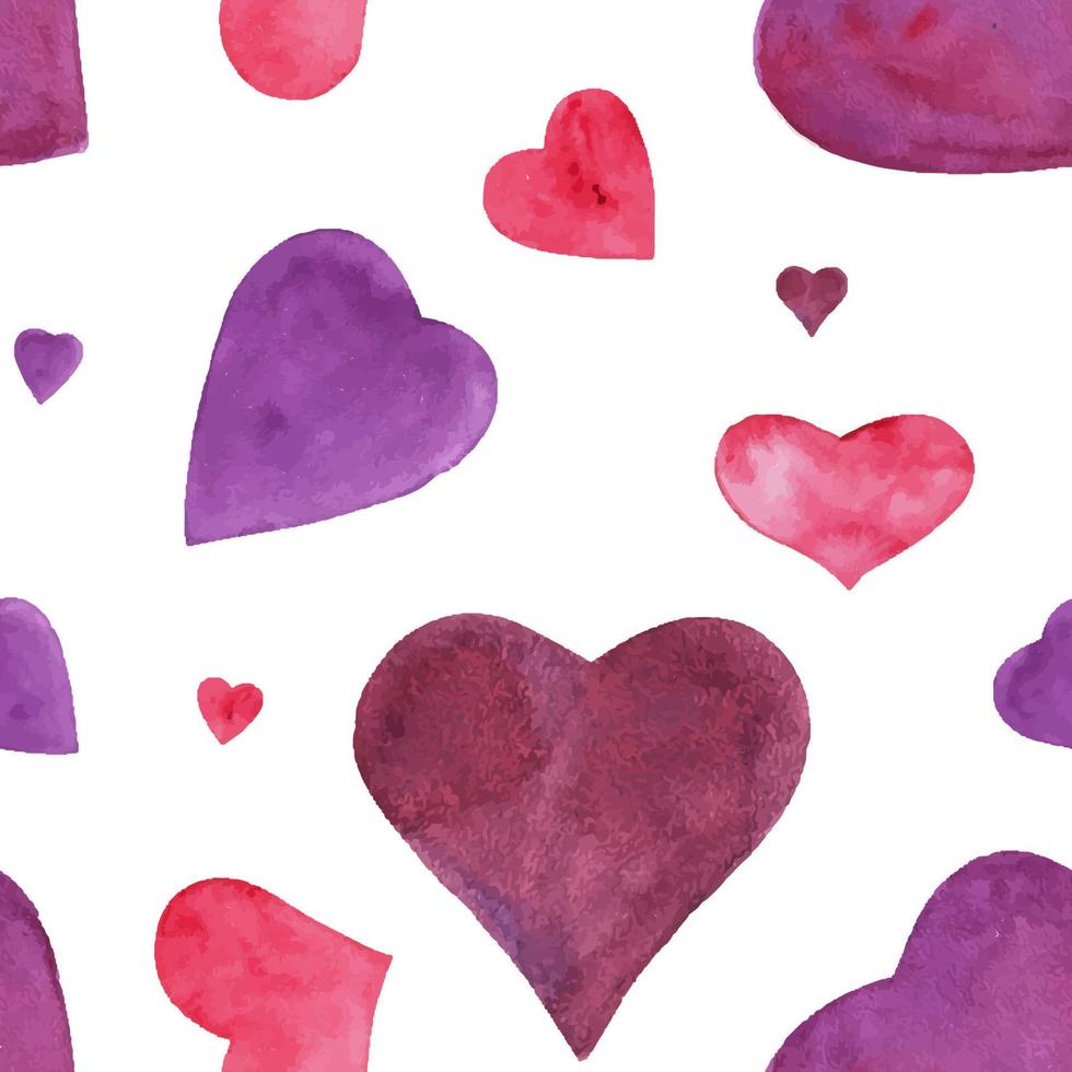 Romantic watercolor seamless pattern with violet hearts, traced illustration vector