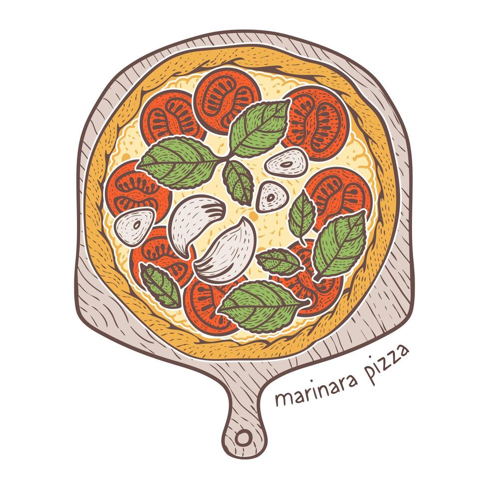 pizza marinara con tomate y ajo y albahaca, dibujando ilustraciones vector