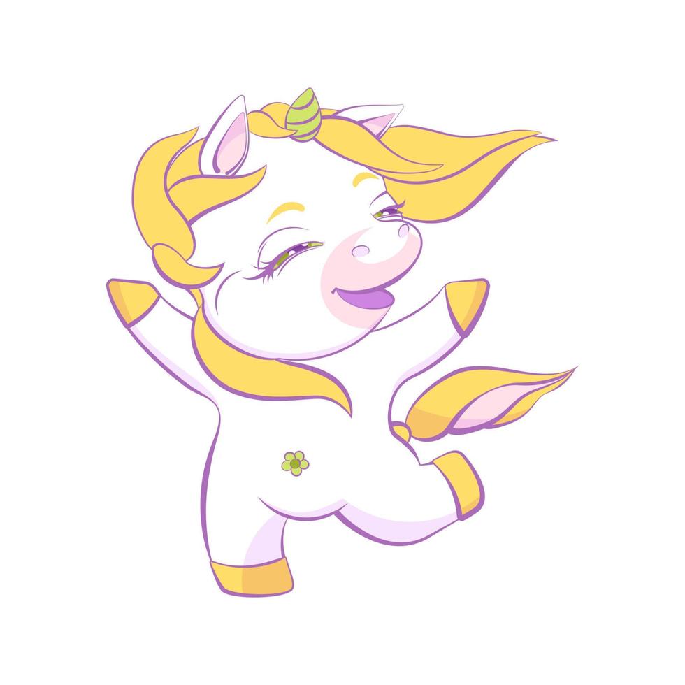 Cute little white unicorn is skipping in the sky vector