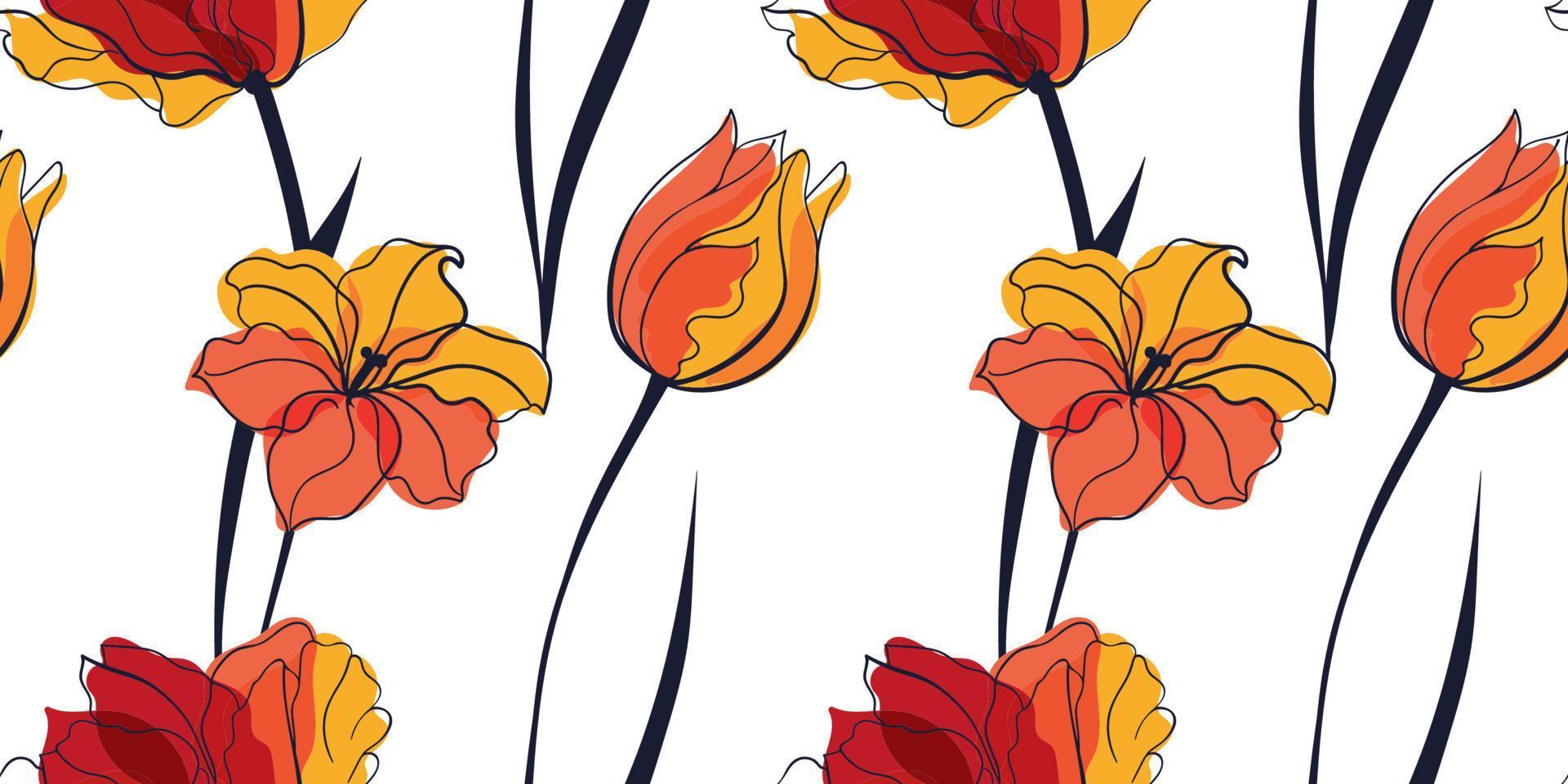Yellow tulip field seamless pattern in the scandinavian style vector