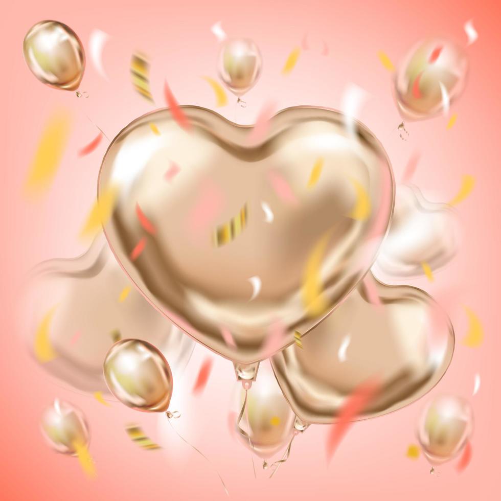 Pink image with pearly metallic foil heart shape balloons and colored confetti in air vector